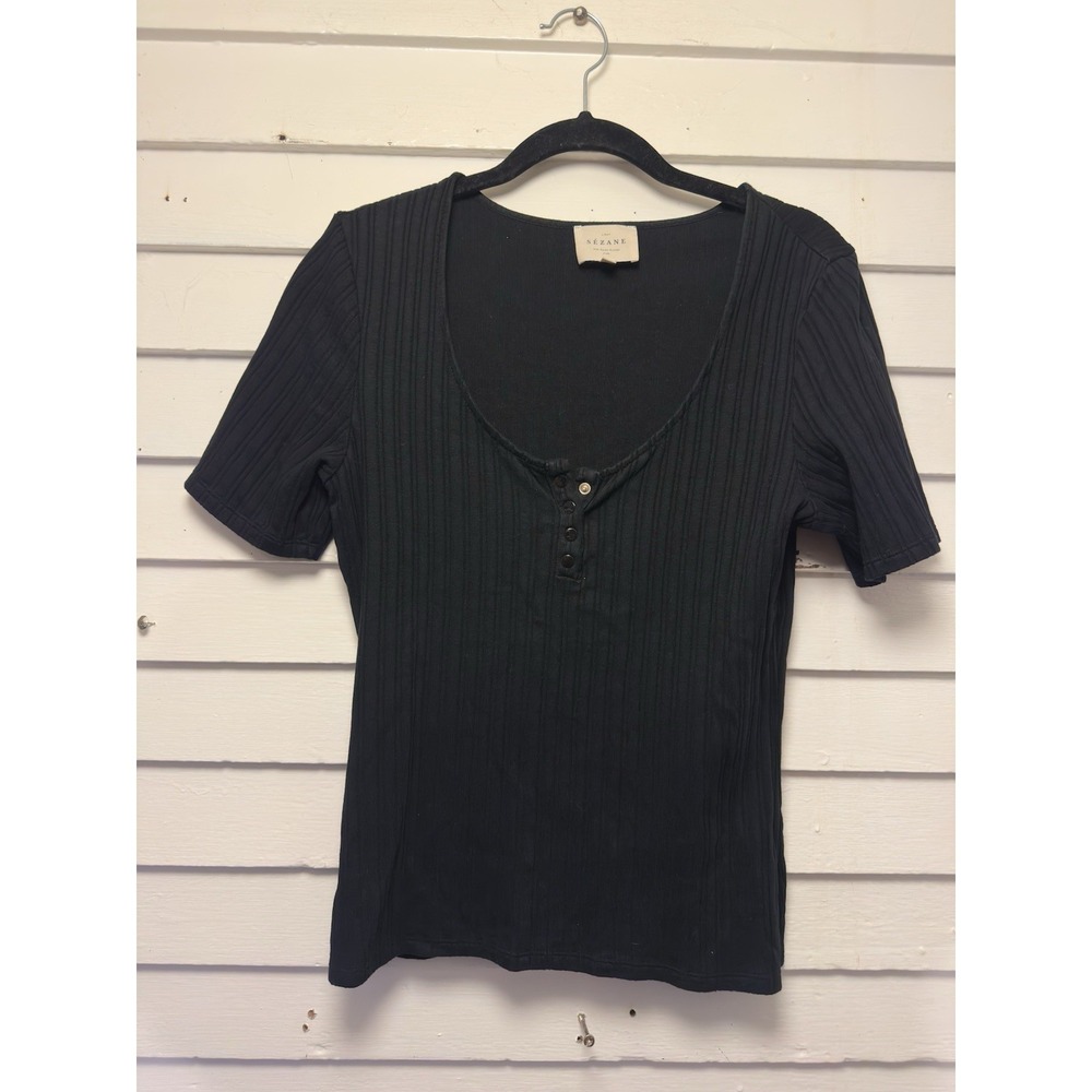 Sezane cotton ribbed short sleeve Black blouse top Snap front shirt S Henley